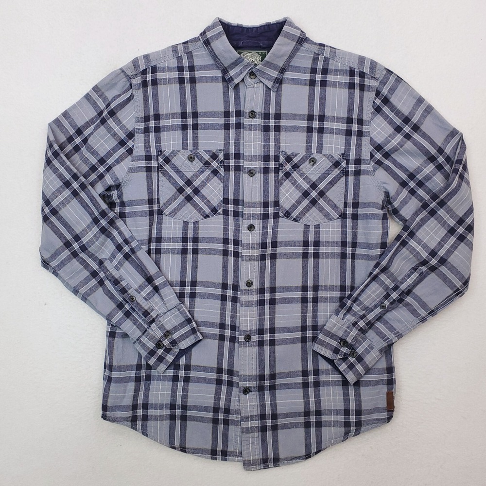 Roots Canada Shirt Mens Medium Gray Blue Plaid Linen Blend Button Up Tartan